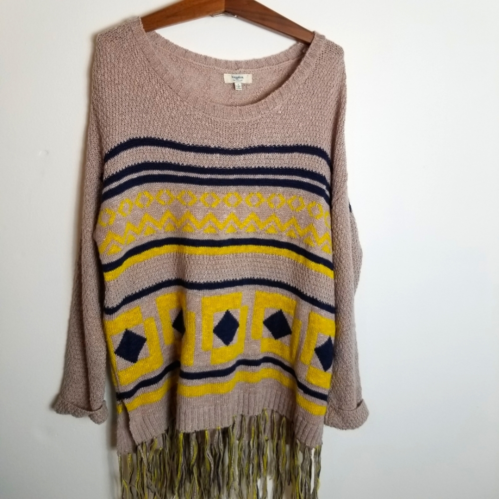 Hayden Los Angeles Tribal Fringe Scoop Neck Oversized Sweater